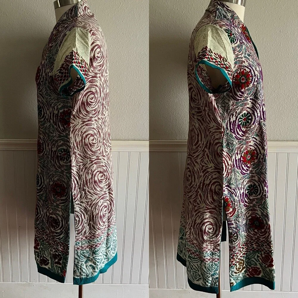 Women's Short Sleeve Side Split Tunic Kameez Multicolor Embroidered Cotton M - Picture 3 of 10